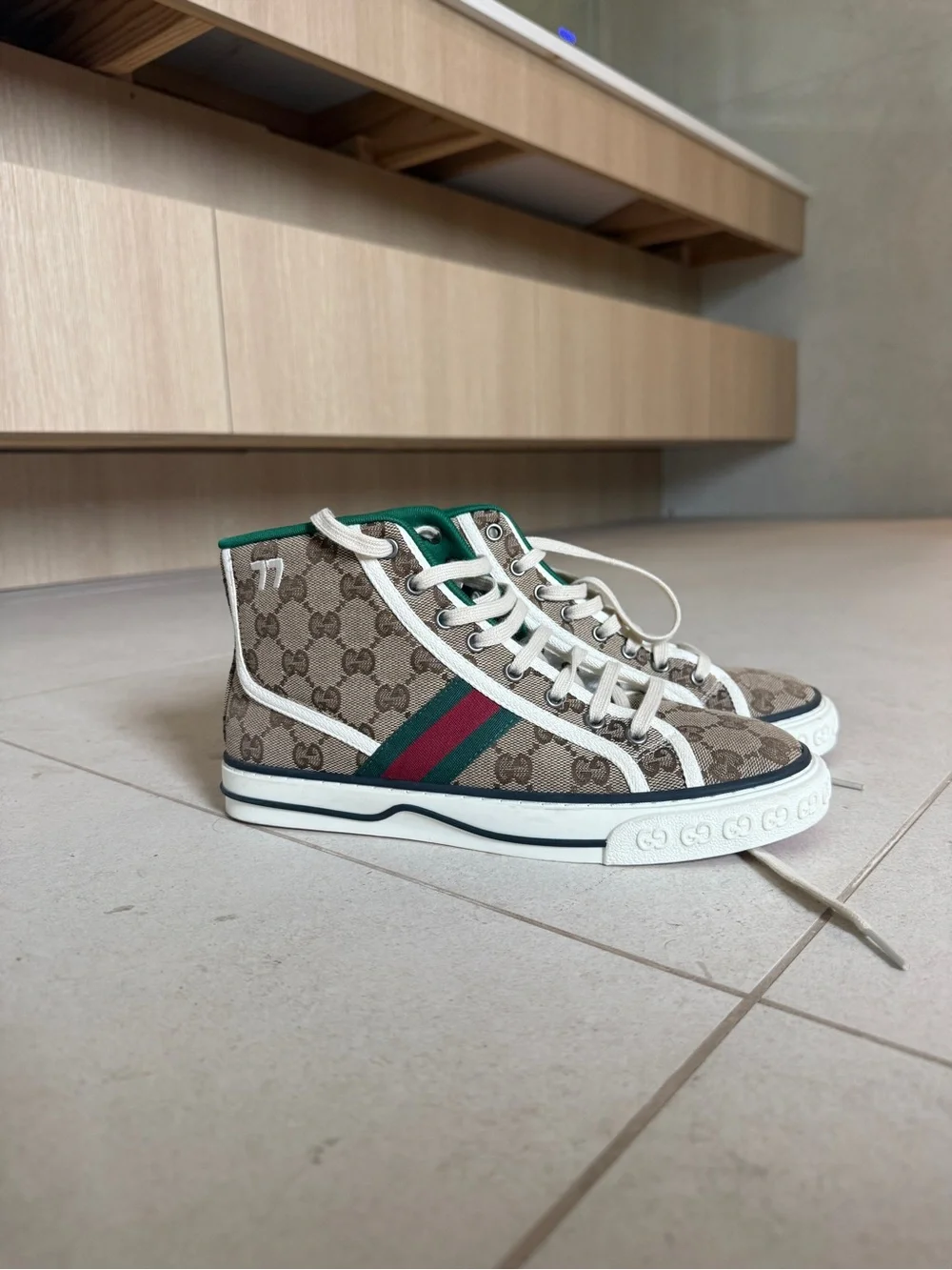 Gucci Beige GG Canvas High-Top Sneakers with Green and Red Stripe